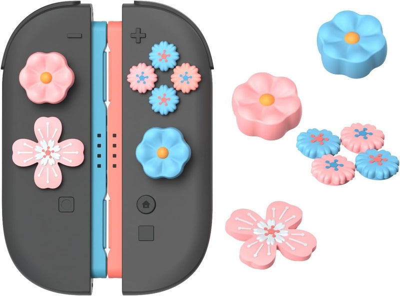 Jemdo Thumb Grips & Button Caps Set Compatible with Nintendo Switch 2 (2025) – 7pcs Pink/Blue Flower Silicone Joystick Caps and Button Covers, Cute & Comfortable Controller Stick Gifts for Girl & Kids - Image 1